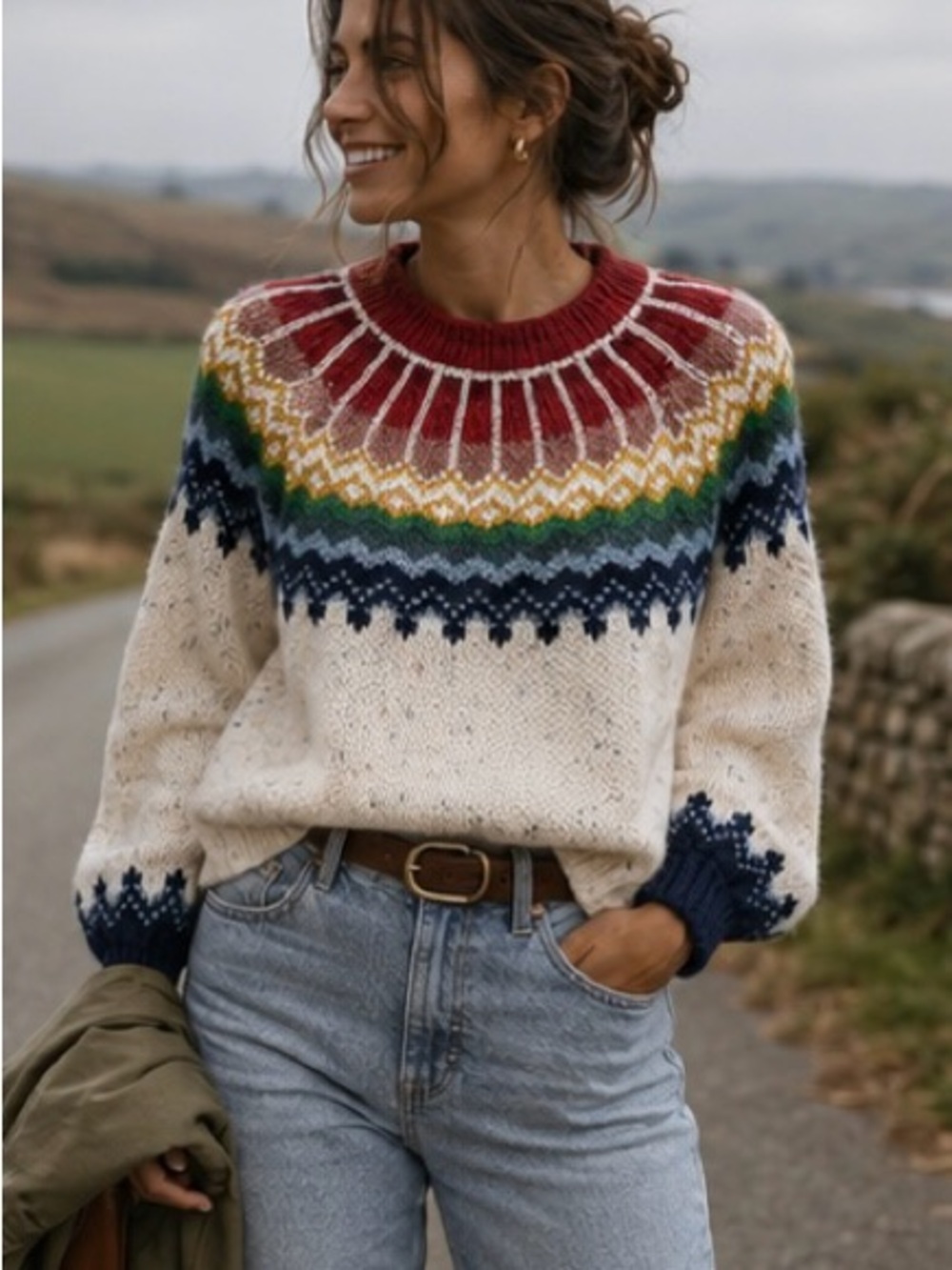Saylor Fair Isle Rainbow Yoke Balloon Sleeve Sweater Nordic Wool Blend S